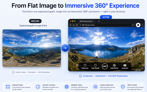 360° Panorama Image Viewer :: Open and explore 360-degree panoramic images locally in a full-screen viewer. Supports JPG, PNG, and WebP.