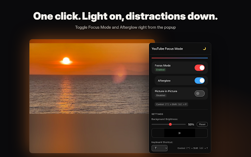 Afterglow – Ambient Light & Focus Mode for YouTube :: Make YouTube glow. Afterglow spills the video's colors into a dimmed screen — fewer distractions, more immersion. One click.