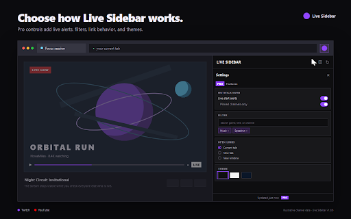 Live Sidebar - Twitch & YouTube Live Tracker :: Track Twitch & YouTube live streams in Chrome's side panel. See who's live, get notifications & pin favorites. No new tabs needed.