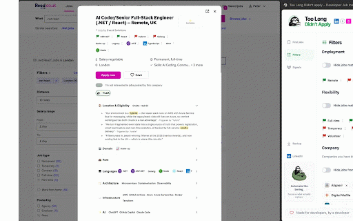 TLDA – Developer Job Insights for LinkedIn, Indeed & Reed :: Analyse developer jobs on LinkedIn, Indeed and Reed for tech stacks, remote work, salary, red flags and role fit.