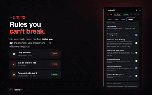 RedlineOS :: Read-only chart companion for key-level marking, unified voice, and trade-discipline conversations.