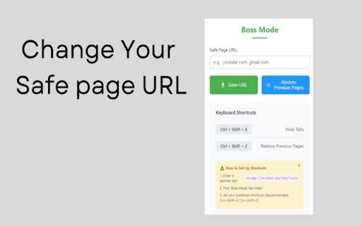 Boss Mode Tab Hider :: Press the shortcut key to quickly hide all open tabs and switch to a secure screen to ensure your privacy and maintain discretion!