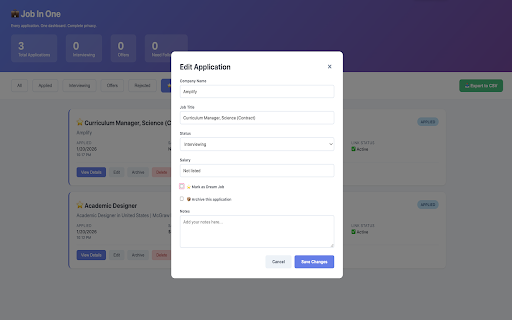 Job In One :: Track your job search in one place, from any site, privacy-first, no account required