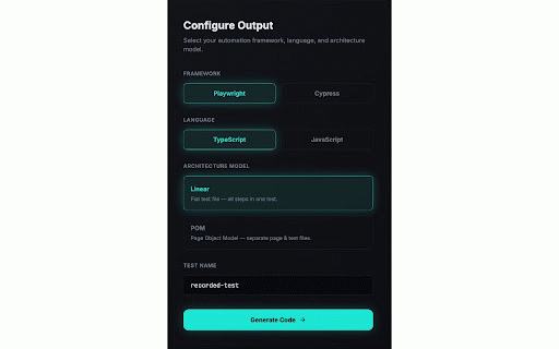 AutoCaseGen - Test Recorder & Code Generator :: Record clicks, inputs & navigation and generate Playwright or Cypress test code with POM support. No server required.