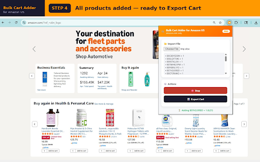 Bulk Cart Adder for Amazon US :: Bulk add products to Amazon US cart from Excel/CSV. Detects unavailable items. Exports cart report with prices & totals.