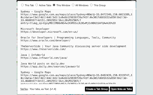 TabTex: Tabs, as Text! :: Export tabs, create tab groups. Extremely quick.