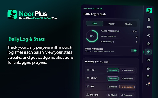 Noor Plus - Islamic Prayer Reminder :: A premium glassmorphic Islamic sidebar providing prayer timings, Adhan calls, Quran recitations, and a Dhikr counter.