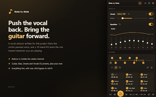 Note by Note ♪ Pitch Shifter ♯ Transpose ♭ Slow Down ⏱ Loop ⟳ Vocal Remover :: Practice music with pitch, speed, loops, and snippets on any audio or video.