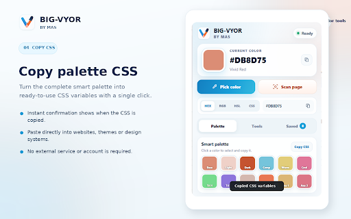 BIG-VYOR by MAS :: Pick screen colors, build palettes, check contrast, create gradients, and scan page colors in one compact tool.