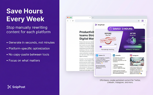 SnipPost: AI Writing Assistant for Social Media Posts :: Turn any selected text into AI-generated social media posts. One click. Zero effort. For Twitter, LinkedIn, Instagram & more.