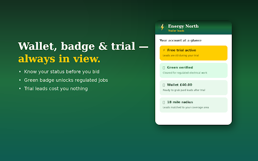 Energy North — Trader Leads :: Fresh local trade leads from Energy North, straight to your browser. Get a desktop alert the moment a new job lands in your area.