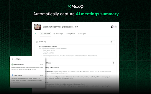 MaxIQ: AI-Powered Meeting Notes :: MaxIQ is your AI meeting notetaker for Google Meet. It records your calls, transcribes them in real time, and generates summaries,…