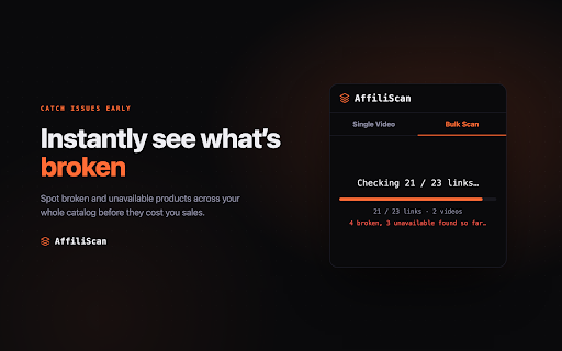 AffiliScan :: Scan YouTube descriptions for broken Amazon affiliate links. Bulk scan playlists and channels. Never lose commission again.
