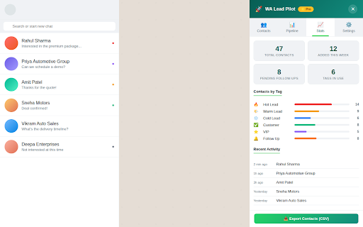 WA Lead Pilot — WhatsApp CRM & Contact Manager :: Tag, organize, and manage your WhatsApp Web contacts. Track leads, build pipelines, and export data. Free CRM overlay.