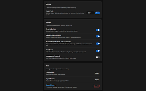 WatchHistory for YouTube™ :: Best for when YouTube watch history is off. Tracks up to 1000 videos locally and lets you resume where you left off.