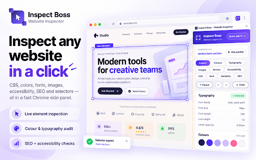 Inspect Boss - Website Inspector: CSS, Fonts, Colors, SEO & Selectors :: Inspect any live page in the Chrome side panel: CSS, colors, fonts, images, selectors, accessibility and SEO metadata.