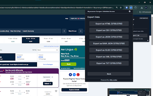 Skyscanner Scraper: Export Flights, Hotels, Details & more :: Scrape Flights, Bookings, Options, and more from Skyscanner, with options to export in formats such as CSV, Excel, JSON and others