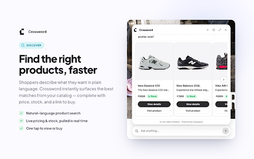 Crossword :: Crossword lets shoppers discover products, get support, and handle returns — all without leaving your website.