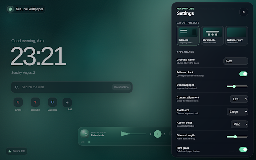 Set Live Wallpaper :: A fast, private new tab with live wallpapers, your own videos, focus tools and shortcuts.
