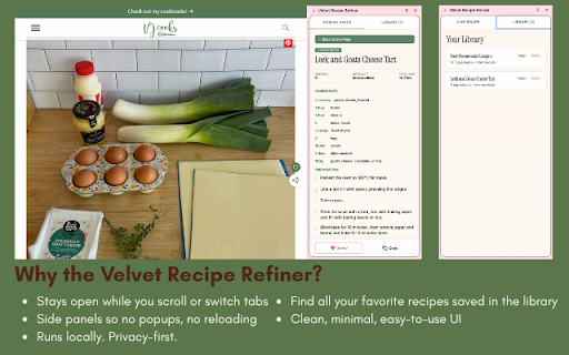 Velvet Recipe Refiner: built using plugthis.ai :: Instantly removes the clutter from recipe pages and shows a clean, easy-to-follow recipe summary in a side panel.