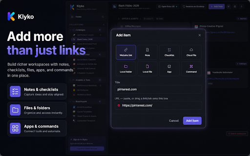 Klyko — Tab & Workspace Manager :: Save tabs, links, and project workspaces in a clean side panel. Reopen your work context faster.