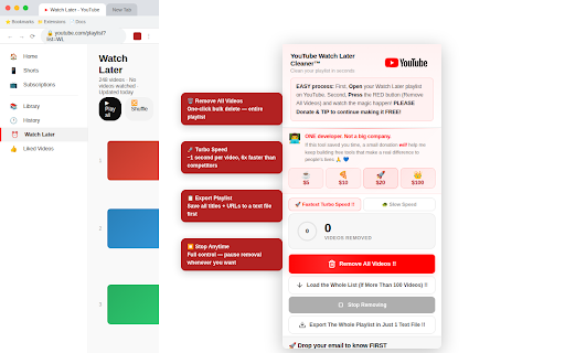 YouTube Watch Later Cleaner™ :: The fastest way to bulk-remove all videos from your YouTube Watch Later playlist. One click. Free forever.