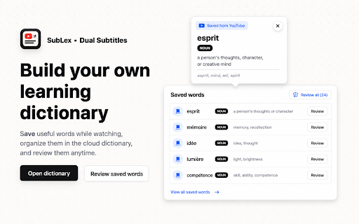 SubLex - Dual Subtitles for YouTube :: Translate YouTube subtitles, save words, and practice vocabulary cards while watching videos.