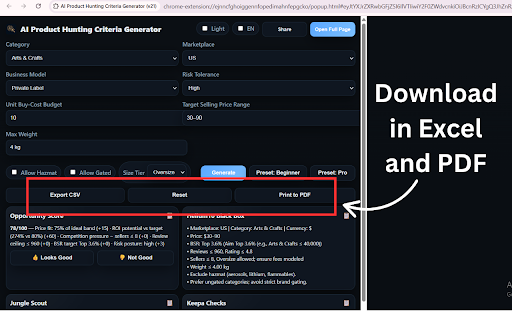 AI Product Hunting Criteria Generator (v21) :: Generate product‑hunting criteria for marketplaces. Offline heuristics; presets; export CSV/PDF. Not financial advice.