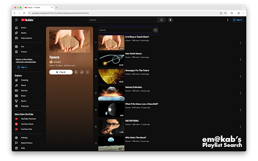 em@kab's YouTube Playlist Search :: em@kab's YouTube playlist search tool designed to be fast, intuitive, efficient, and easy on the eyes.