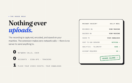 Dolly Reel — Smooth Scroll Recorder :: Records a perfectly smooth, automated scroll of any webpage. Export WebM, MP4, or GIF. Built for scrollytelling and long pages.