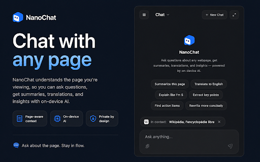 NanoChat: On-device AI Assistant :: Private local AI assistant & browser agent powered by Chrome Gemini Nano. Chat with webpages, summarize text & automate tasks.