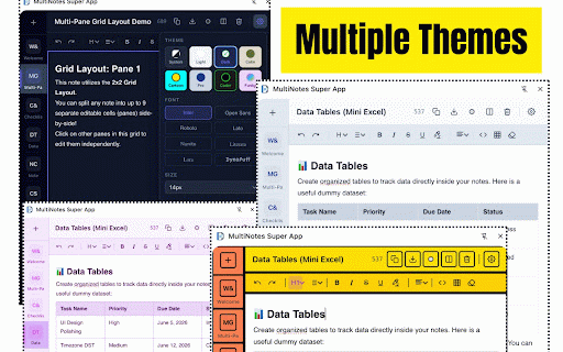MultiNotes Super App :: A rich text multi-note sidepanel. Bold, italic, tables, checklists, code blocks, highlights & more. Fully Offline. Zero cloud.