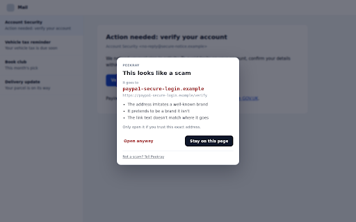 Peekray: Scam Link Checker :: See where a link really goes before you click. Peekray checks links as you hover and asks before you open a likely scam.