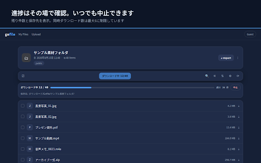 Gofile 一括DL :: gofile.io の共有ページにあるファイルをまとめてダウンロードします。フォルダ構成と元のファイル名を保ったまま保存できます。Gofile 社とは無関係の非公式ツールです。