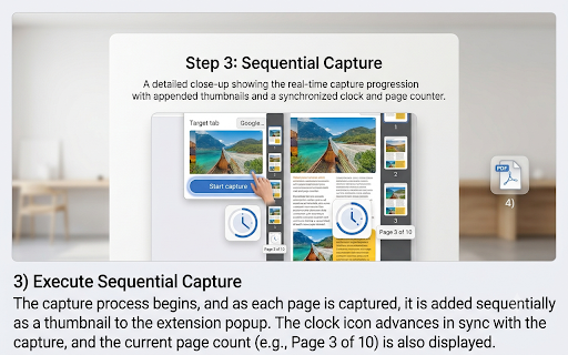 Continuous Automatic Page Capture :: Capture the active tab with arrow or scroll keys, then save as PDF. Open the page first, then start from the popup.