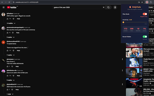 OnlyHate: Negative Comment Filter :: Focus on the feedback that matters. Automatically filter and display only negative sentiments on YouTube using AI analysis.