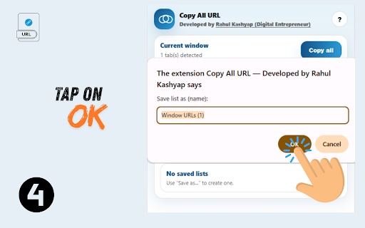 Copy All URL — Developed by Rahul Kashyap :: Copy all URLs from the current window, save named URL lists, and open them later in a new window. Includes export/import.