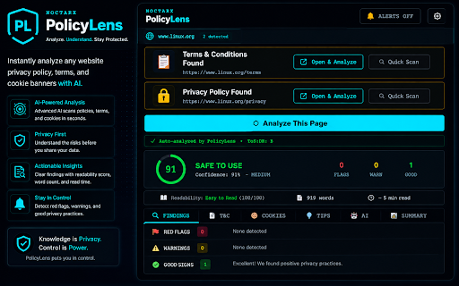 PolicyLens by NOCTARX :: Analyze Privacy Policies, T&C, and Cookies instantly. Red flags, plain English summaries, cookie manager & breach alerts.