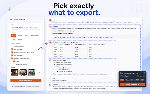 AI Chat Snapper – Export AI Conversations to PDF :: Export AI chats from 10 platforms to PDF, Word, Markdown & image — 100% locally. Or to Obsidian, Notion or Google Docs.