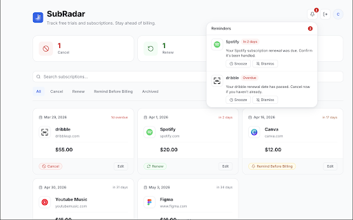 SubRadar :: Track subscriptions and free trials. Sign in to get reminders before you're charged.