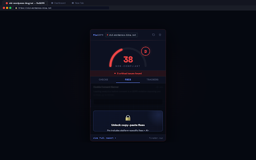 GDPR Compliance Checker — fixGDPR :: Check any website for GDPR, CCPA & ePrivacy compliance. Get your score, see failing checks, and unlock copy-paste fixes.