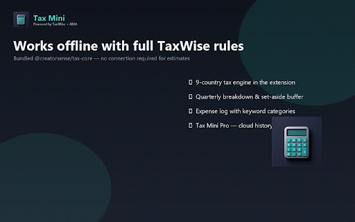CreatorSense Tax Mini :: Monthly set-aside & quarterly tax planner for creators — offline TaxWise estimates in 9 countries. Not tax filing.