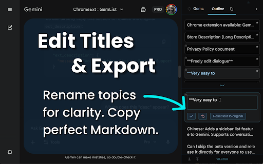GemList: The Ultimate Sidebar for Gemini :: Supercharge Gemini with a sidebar! Sync Gems, pin chats, edit titles, and export Markdown. Lightweight & privacy-first.