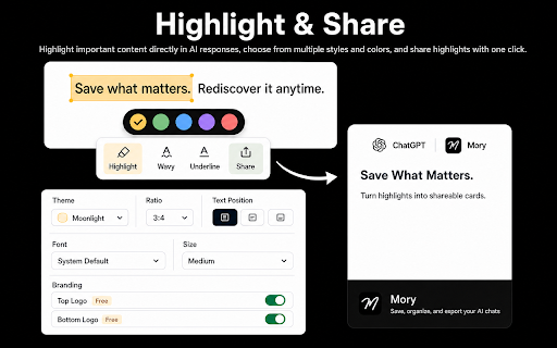 Mory - Save, organize, and export AI conversations :: Save valuable AI conversations locally, highlight key passages, and organize, find, or export them when needed.