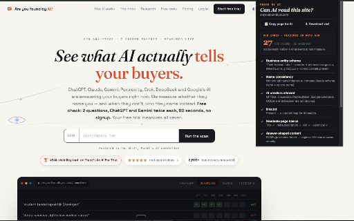 Are you found by AI? — AI Visibility Check :: See what AI says about any site you're on: measured visibility score, verbatim engine answers, and instant readiness checks.