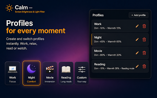 Calm — Screen Brightness & Light Filter :: Dim your screen, add a warm light filter, and automate your settings with schedules, profiles, and sunset mode.
