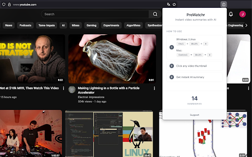 PreWatchr — YouTube Summary Before You Click :: YouTube video summarizer that works before you click. Get a summary in seconds, skip what isn’t worth watching.