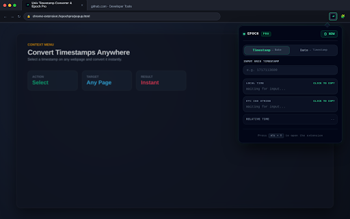 Unix Timestamp Converter & Epoch Pro :: Instantly convert Unix timestamps via selection or popup. Smart 10/13-digit auto-detection, UTC/local timezone, and dark mode.
