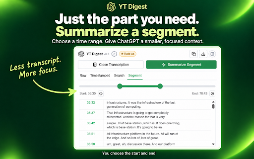 YT Digest - YouTube Transcription to ChatGPT :: Push YouTube transcripts to ChatGPT in one click. Summarize, QnA, Fact Check, Deep dive in your own chat. No API Key required