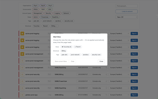 Console Hopper :: For AWS: hop between consoles fast — role-picker search, account tags, deep-link services, env-coloured tabs, tab groups.
